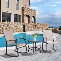 Vongrasig 3 Piece Outdoor Rocking Bistro Set Textilene Fabric Small Patio Furniture Set Front Porch Rocker Chairs Conversation