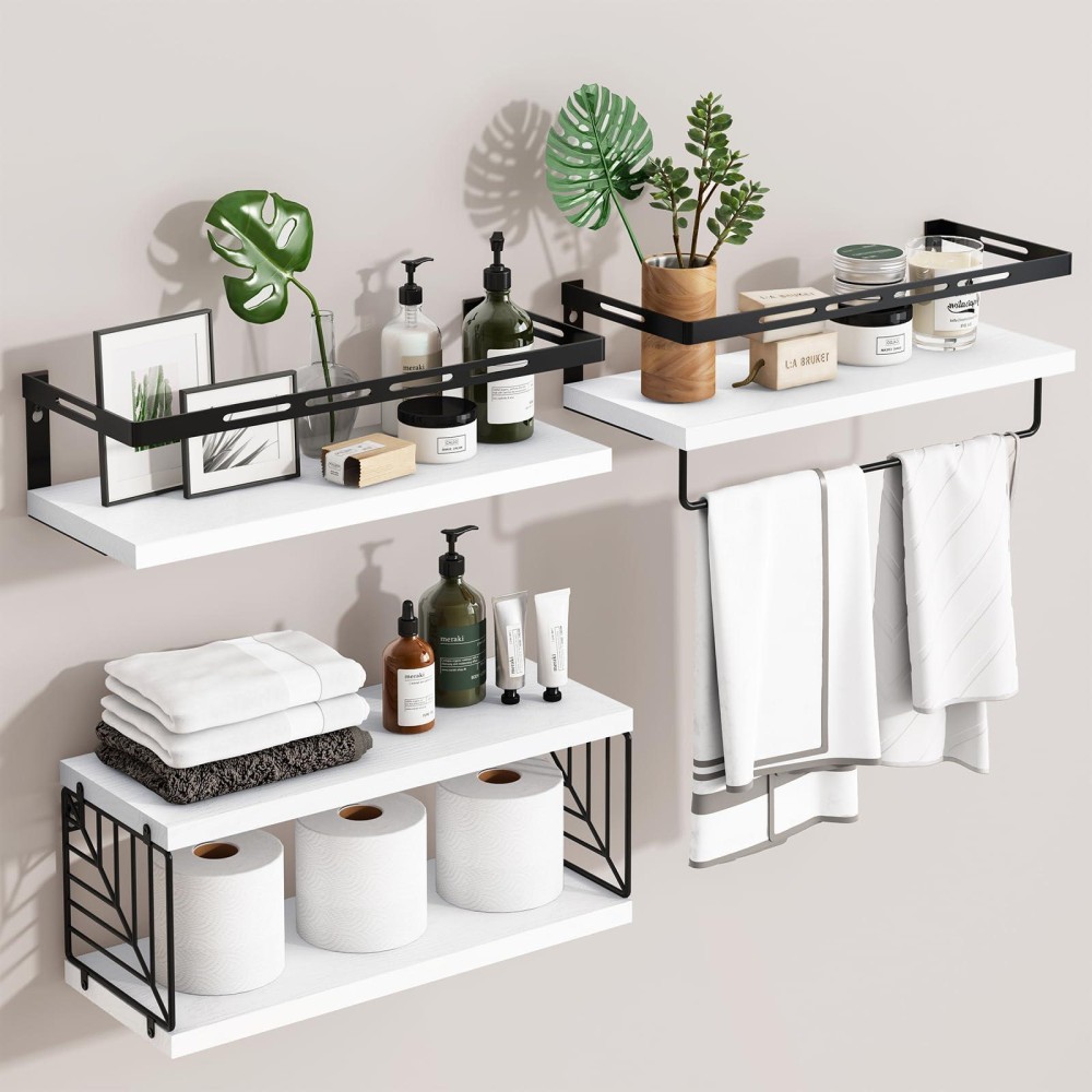 Fixwal 31 Tier Wall Mounted Bathroom Shelves Over Toilet Rustic Wood Floating Shelves With Metal Frame And Towel Bar For Bathr