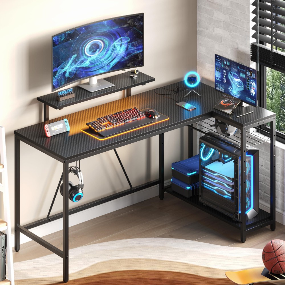 Bestier 58 L Shaped Gaming Desk With Led Lights & Power Outlets,Reversible Home Office Corner Desk With Shelves,Larger Pc Workstation With Hooks For Studying,Desk For Bedroom,Carbon Fiber Black