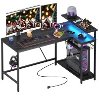 Bestier 52 Gaming Desk With Power Outlet & Usb Ports,Reversible Small L Shaped Computer Desk With Led Strip & Headset Hooks,Corner Desk For Home Office Spaces Carbon Fiber Black