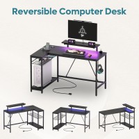 Bestier 52 Gaming Desk With Power Outlet & Usb Ports,Reversible Small L Shaped Computer Desk With Led Strip & Headset Hooks,Corner Desk For Home Office Spaces Carbon Fiber Black