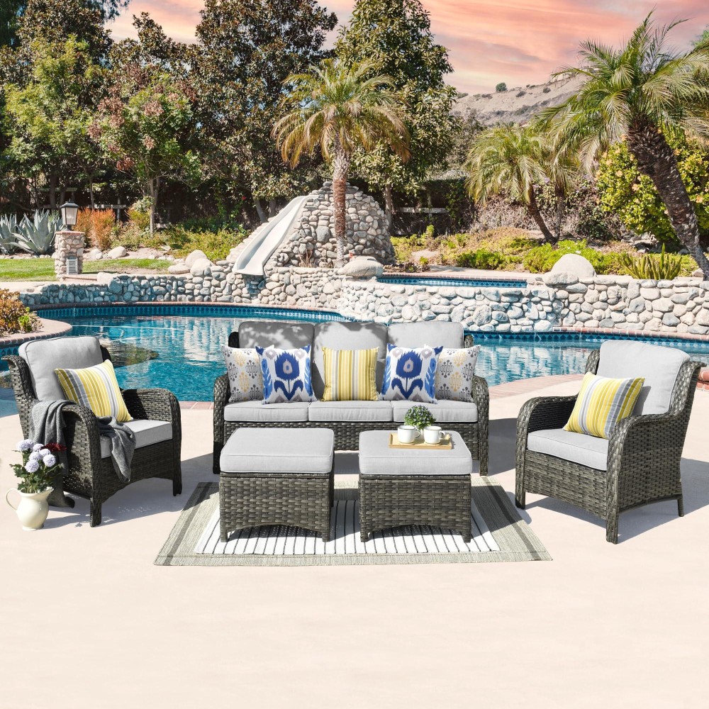 Ovios Patio Furniture Set 5 Piece Outdoor Wicker High Back Sofa With Comfy Cushions Ottomans All Weather Conversation Set Gre