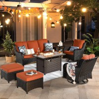 Ovios Patio Furniture Set 7 Piece Outdoor Wicker Swivel Rocking Chairs With Rectangle Propane Fire Pit Table All Weather High