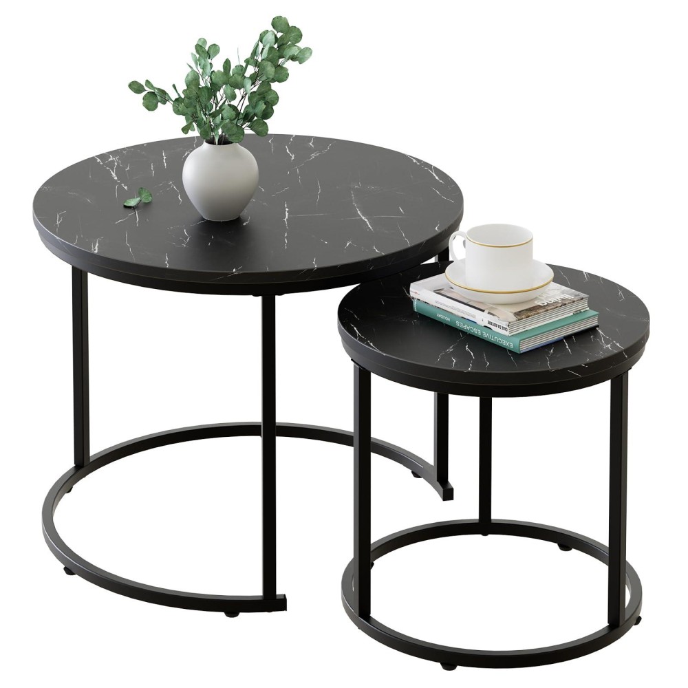 Aboxoo Round Nesting Coffee Table Side Set Of 2 End Tables For Living Room Bedroom Balcony Black Faux Marble Wooden Table 236In