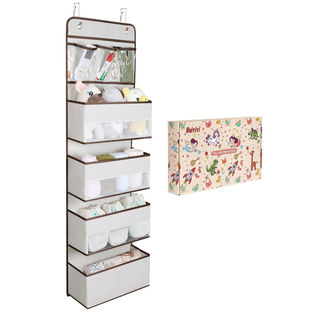 Univivi Door Storage Organizer Nursery Over The Door Organizer Baby Storage With 4 Large Pockets And 3 Small Pvc Pockets For Cosmetics, Toys And Sundries With Gift Box (Beige)