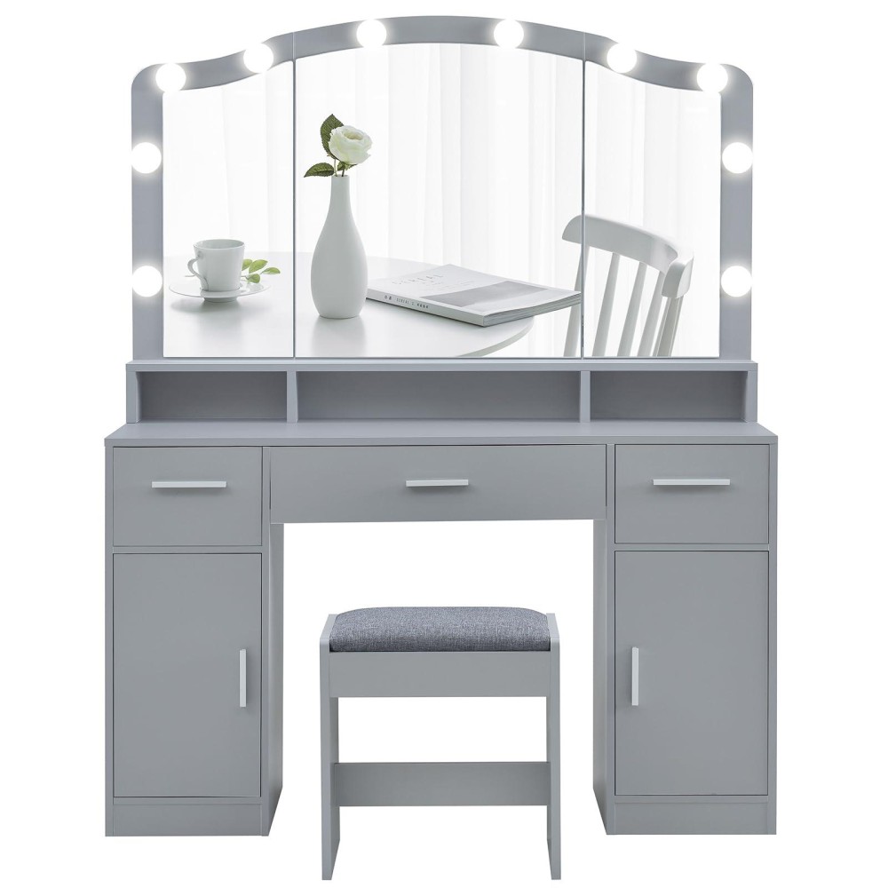 Usikey Large Vanity Desk With Mirror & Lights, Grey Makeup Vanity Table, Vanity Set With 3 Drawers, 2 Cabinets & 10 Led Bulbs, Dressing Vanity Table With Stool For Women, Bedroom, Bathroom, Grey