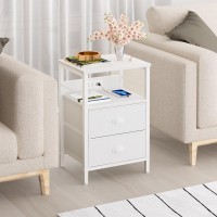 Furologee End Table With Charging Station, Nightstand With Fabric Drawers, Side Tables With Usb Ports & Outlets, Night Stand With Storage Shelf & Hooks, For Living Room/Bedroom, White