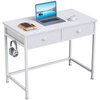 Furologee White Small Computer Desk With 2 Fabric Drawers, 36 Inch Simple Home Office Writing Desk, Vanity Desk With Hooks, Study Desk For Bedroom Small Spaces