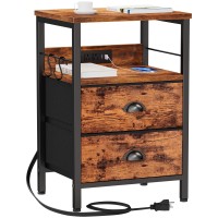 Furologee End Table With Charging Station, Nightstand With Fabric Drawers, Side Table With Usb Ports & Outlets, Night Stand With Storage Shelf & Hooks, For Living Room/Bedroom, Rustic Brown