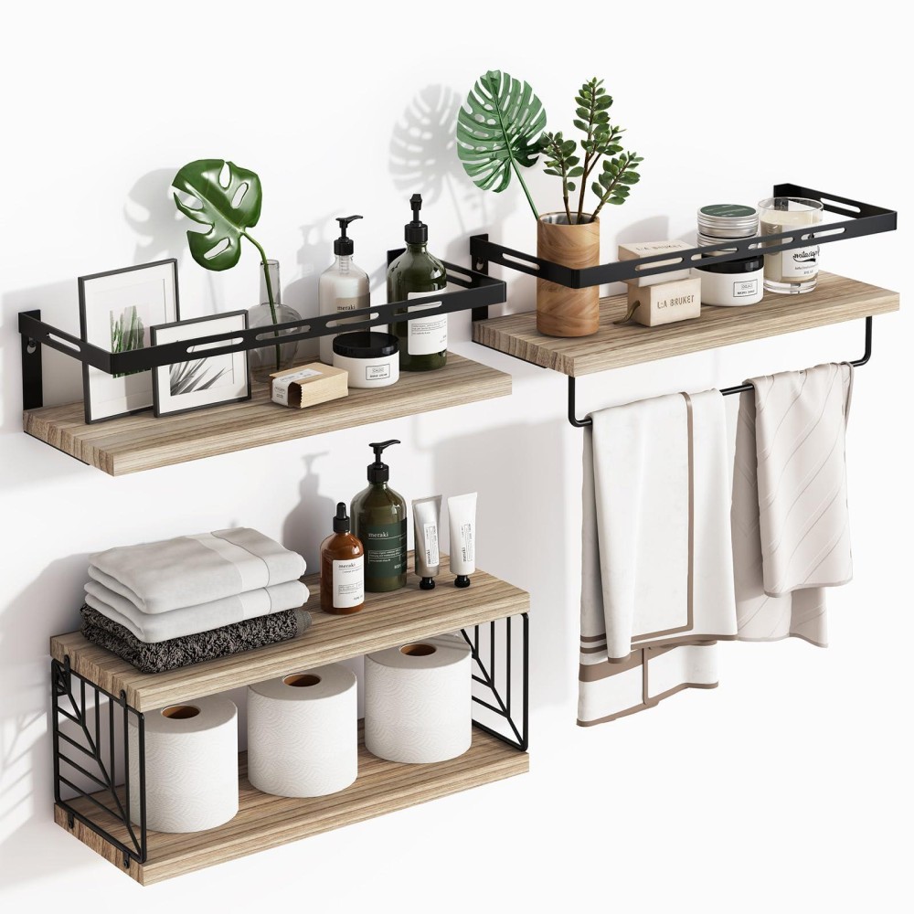 Fixwal 31 Tier Wall Mounted Bathroom Shelves Over Toilet Rustic Wood Floating Shelves With Towel Bar And Metal Frame For Bathr