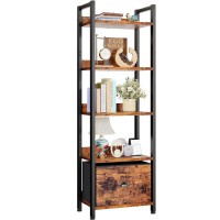 Furologee 5 Tier Bookshelf With Drawer Tall Narrow Bookcase With Shelves Wood And Metal Book Shelf Storage Organizer Industri