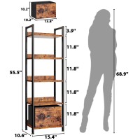 Furologee 5 Tier Bookshelf With Drawer Tall Narrow Bookcase With Shelves Wood And Metal Book Shelf Storage Organizer Industri