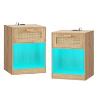 Quimoo Rattan Nightstands Set Of 2 Nightstands With Charging Station Led Light Night Stands With Pe Rattan Decor Drawer Bed