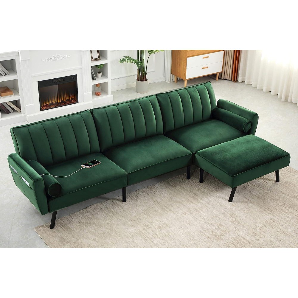 Duraspace Velvet Sectional Convertible Sofa With Chaise 1065 L Shape Sectional Sofa Couch With Usb Split Back Folding Futon