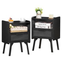 Lerliuo Rattan Nightstands Set Of 2, Boho Side Table With Drawer Open Shelf, Cane Accent Bedside End Table With Solid Wood Legs For Bedroom, Dorm And Small Spaces (Black)