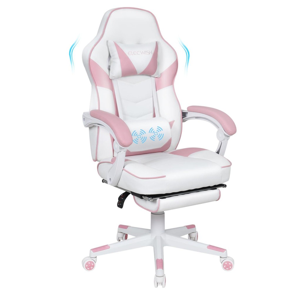 Artethys Gaming Chair With Massage For Adults Ergonomic Racing Style High Back Computer Chair With Footrest Headrest And Lumbar Support Pu Leather 90-150 Degree Tilt Pink