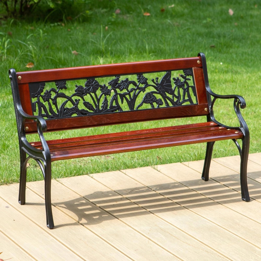 Mfstudio Kids Mini Sized Outdoor Garden Bench With Wooden Seat And Cast Iron Backrest For Patio Yard