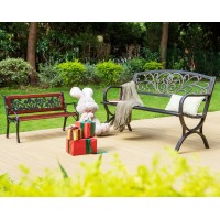 Mfstudio Kids Mini Sized Outdoor Garden Bench With Wooden Seat And Cast Iron Backrest For Patio Yard