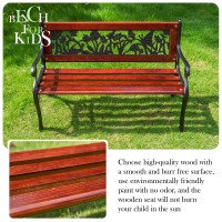 Mfstudio Kids Mini Sized Outdoor Garden Bench With Wooden Seat And Cast Iron Backrest For Patio Yard