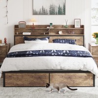 Ironck Queen Bed Frame With Bookcase Headboard And Charging Station, Metal Platform Bed, Sturdy And No Noise, No Box Spring Needed, Rustic Maple