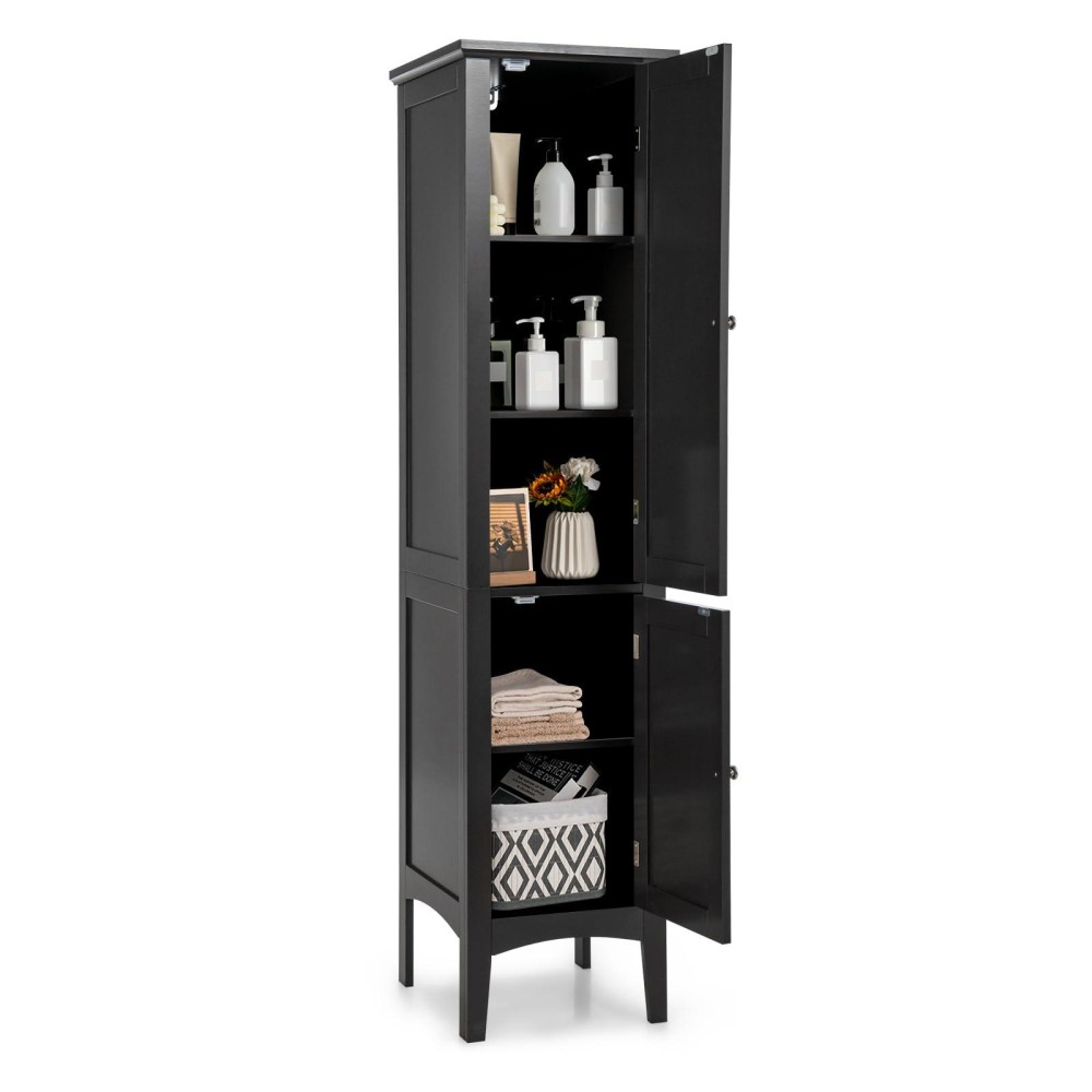 Costway Tall Bathroom Storage Cabinet, 5-Tier Freestanding Linen Tower Cabinet With 2 Doors, Wooden Side Storage Organizer, Narrow Slim Floor Cabinet For Bathroom, Living Room, Kitchen (Black)