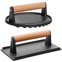 Cekee Burger Press Set Of 2 Cast Iron Grill Press With Wood Handle 7 Round 82X 43 Rectangle Heavyduty Hamburger Sm