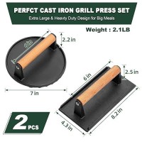 Cekee Burger Press Set Of 2 Cast Iron Grill Press With Wood Handle 7 Round 82X 43 Rectangle Heavyduty Hamburger Sm