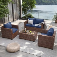 Udpatio 4 Pieces Balcony Furniture Outdoor Patio Furniture With Storage Coffee Table Oversized Armrest Wicker Patio Set With B