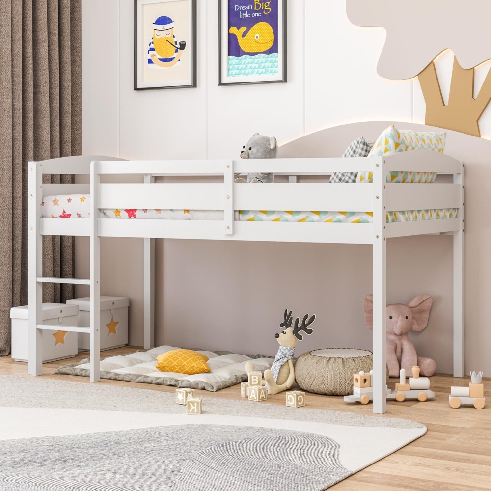 Kotek Twin Loft Bed, Solid Wood Low Loft Bed For Kids With Ladder & Guard Rails, No Box Spring Needed, Space-Saving Loft Bed Frame For Boys & Girls (White)