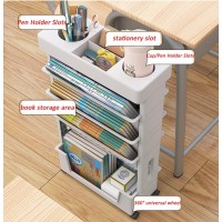 Omkuosya Movable Classroom Deskside Bookshelf, 5 Tier Rolling Utility Cart With Wheels, Desk Organizer Book Magazine Rack Slim Storage Trolley For Home Kitchen Office Study Dorm Library
