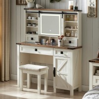 T4Tream Farmhouse Makeup Vanity Desk With Sliding Mirror And Lights 42 Glass Tabletop Vanity Table With 2 Drawers Shelves