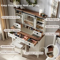 T4Tream Farmhouse Makeup Vanity Desk With Sliding Mirror And Lights 42 Glass Tabletop Vanity Table With 2 Drawers Shelves