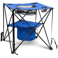 Eternal Living Collapsible Folding Camping Table With Insulated Cooler, Cup Holder, Mesh Food Basket & Travel Bag, Blue
