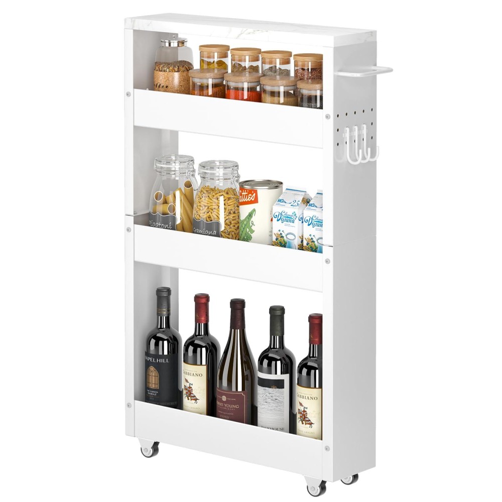 Chloryard Slim Storage Cart, 4-Tier Kitchen Rolling Cart Narrow Storage Cabinet With Handle & Wheels, Metal Rolling Shelf Unit For Kitchen Bathroom Laundry Small Places(5 In Width/White)