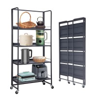 BIBKOK No-Assembly Folding Bookshelf Storage Rack Shelves with Castors 4 Tiers Vintage Bookcase Multifunctional Plant Flower Stand Organizer(Metal,Deep Grey)