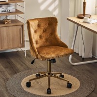 Vingli Mustard Yellow Velvet Armless Home Office Desk Chair With Gold Base/Wheels, Small Cute Vanity/Makeup Chair With Back For Bedroom,Upholstered Adjustable Rolling Swivel Nail Chair For Women/Girls