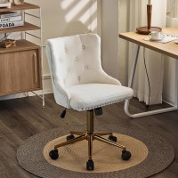 Vingli White Teddy Fleece Armless Home Office Desk Chair With Gold Base/Wheels, Cute Vanity/Makeup Chair With Back For Bedroom Upholstered Swivel Chair, Adjustable Rolling Nail Chair For Women/Girls