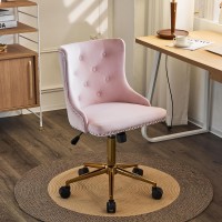 Vingli Light Pink Velvet Armless Home Office Desk Chair With Gold Base/Wheels, Small Cute Vanity/Makeup Chair With Back For Bedroom, Upholstered Adjustable Rolling Swivel Nail Chair For Women/Girls