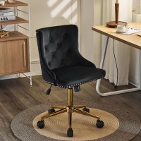 Vingli Black Velvet Armless Home Office Desk Chair With Gold Base/Wheels, Modern Small Rolling Task Accent Chair For Bedroom, Upholstered Retro Adjustable Computer Chair For Studio, Reception