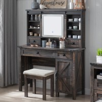 T4Tream Farmhouse Makeup Vanity Desk With Sliding Mirror And Lights 42 Glass Tabletop Vanity Table With 2 Drawers Shelves