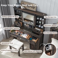 T4Tream Farmhouse Makeup Vanity Desk With Sliding Mirror And Lights 42 Glass Tabletop Vanity Table With 2 Drawers Shelves