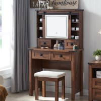 T4Tream Farmhouse Makeup Vanity Desk With Sliding Mirror And Lights 312 Glass Tabletop Vanity Table With Drawers Shelves