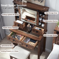 T4Tream Farmhouse Makeup Vanity Desk With Sliding Mirror And Lights 312 Glass Tabletop Vanity Table With Drawers Shelves