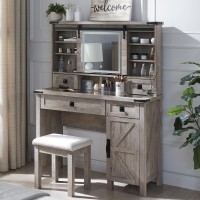 T4Tream Farmhouse Makeup Vanity Desk With Sliding Mirror And Lights 42 Glass Tabletop Vanity Table With 2 Drawers Shelves