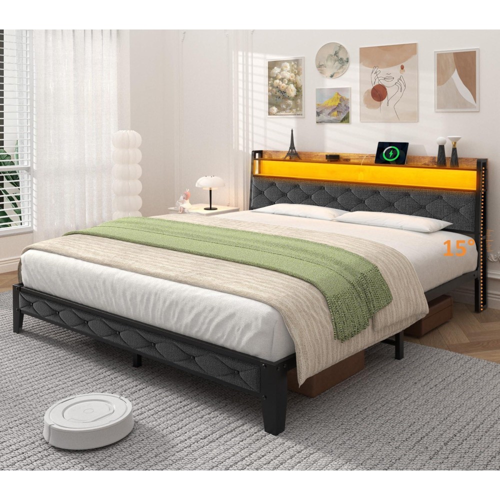 Winkalon Queen Bed Frame With Headboard, Bed Frame With Charging Station, Metal Platform Bed Frame No Box Spring Needed, Modern Wood Upholstered Headboard And Under Bed Storage.