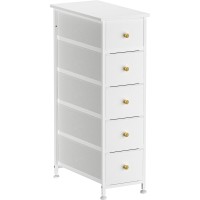 Yilqqper Narrow Dresser Storage Tower With 5 Drawers Slim Dresser Chest Of Drawers With Steel Frame Wood Top Golden Knobs Wh