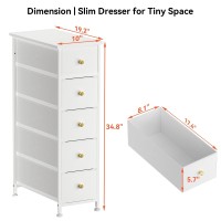 Yilqqper Narrow Dresser Storage Tower With 5 Drawers Slim Dresser Chest Of Drawers With Steel Frame Wood Top Golden Knobs Wh