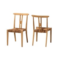 Modern Bohemian Natural Brown Teak Wood and Seagrass 2Piece Dining Chair Set