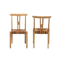 Modern Bohemian Natural Brown Teak Wood and Seagrass 2Piece Dining Chair Set