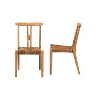 Modern Bohemian Natural Brown Teak Wood and Seagrass 2Piece Dining Chair Set